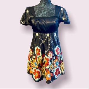 Voll Black Satin and Shimmer Floral Babydoll Dress